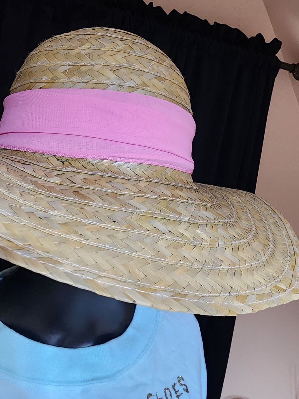 HATS Wide Brim Straw Sun Hat Pink Ribbon Floppy Beach Resort Hat - Picture 6 of 8